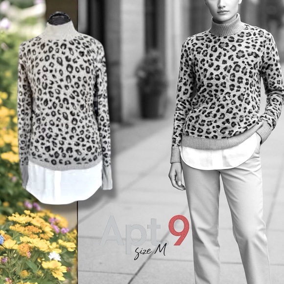 Apt.9 Gray Leopard Animal Print Shirttail Turtleneck Layered Look Sweater M EUC - Picture 1 of 16